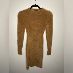 Aritzia Babaton Camel Brown Madison Fluffy Teddy Long Sleeve Sweater Dress